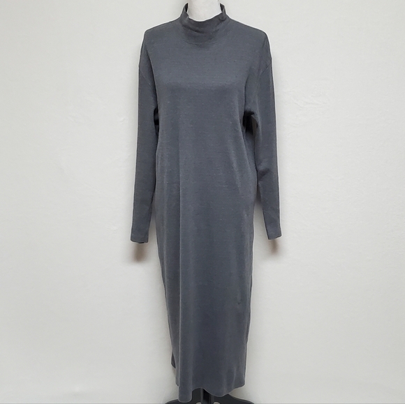 RARE Vintage 90s J. Crew Grey Cotton Mock Neck Long Sleeve Midi Sweater Dress L - Picture 4 of 13